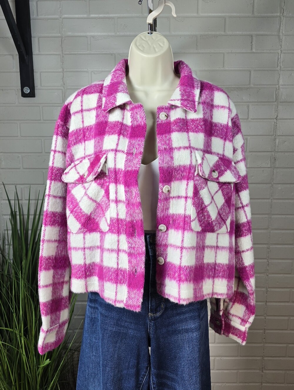 Thread and Supply Pink and White Plaid Cropped Jacket